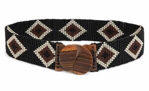 Boho Beaded Stretch Belt Wood Buckle Black Brown Ivory Wide Statement L
